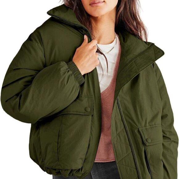 Meikulo Womens Army Green Cropped Puffer Jacket Warm Long Sleeve Zip Up - Picture 1 of 4